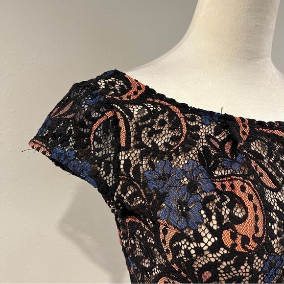 Mystic Black and Orange lace Sheath Midi Dress with Cap Sleeves size extra small - Picture 3 of 13